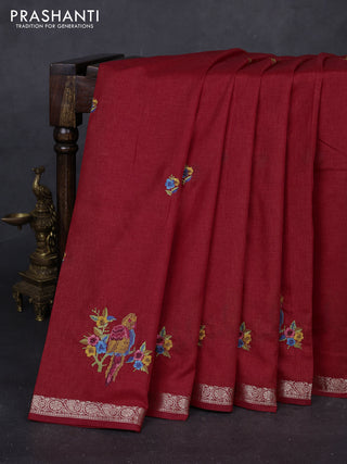 Red Art Tussar Silk - Embroidery