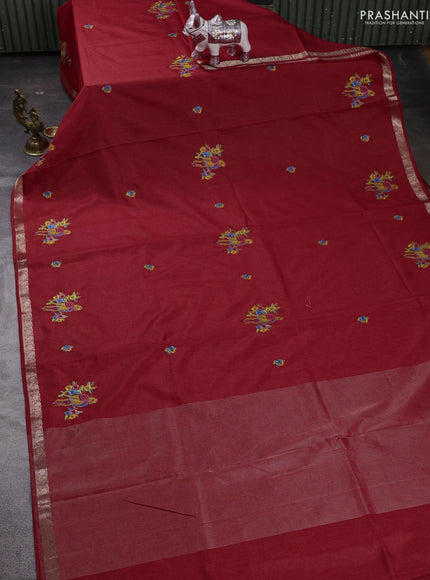 Red Art Tussar Silk - Embroidery