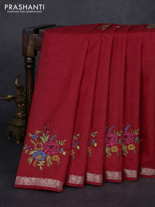 Red Art Tussar Silk - Embroidery