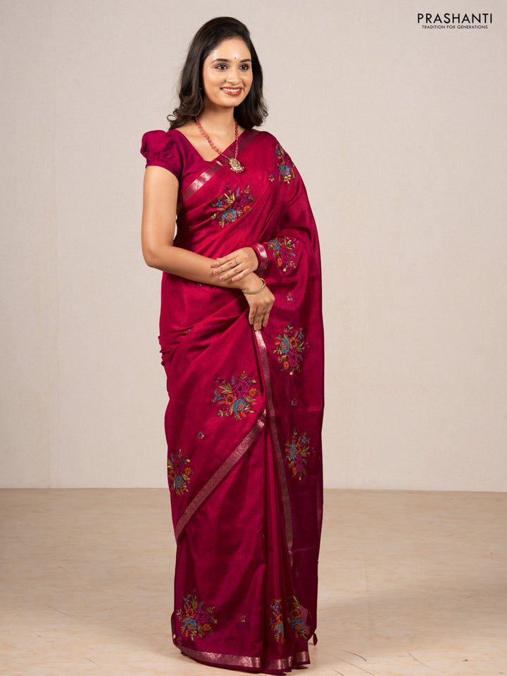 Pink Art Tussar Silk - Embroidery