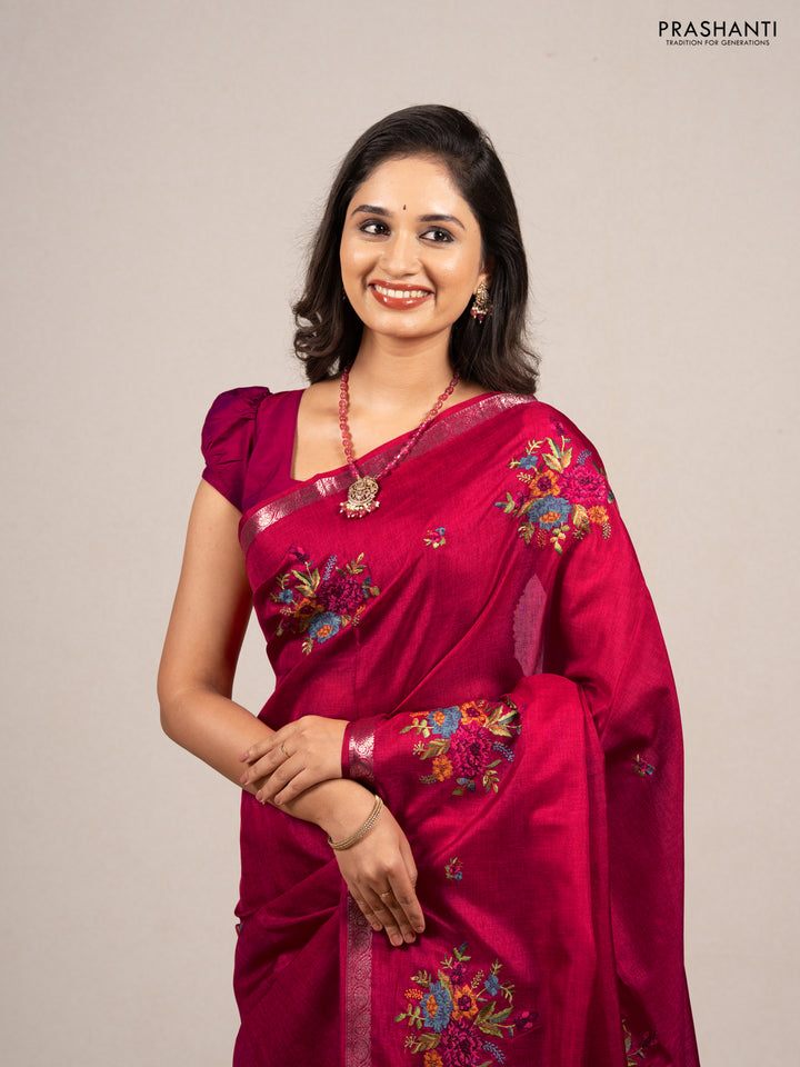 Pink Art Tussar Silk - Embroidery