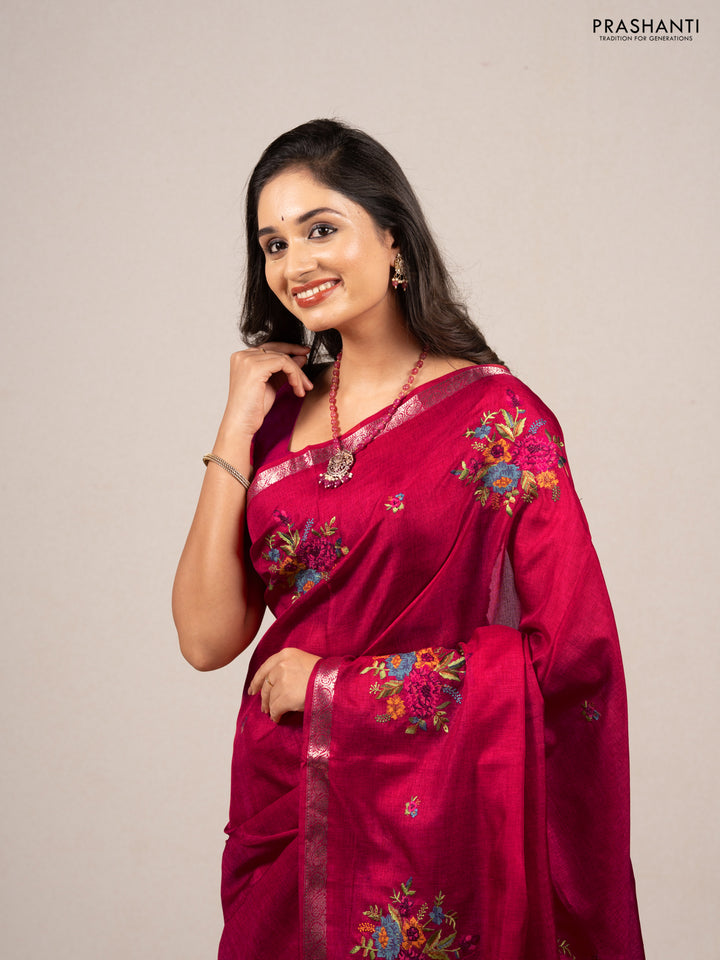 Pink Art Tussar Silk - Embroidery
