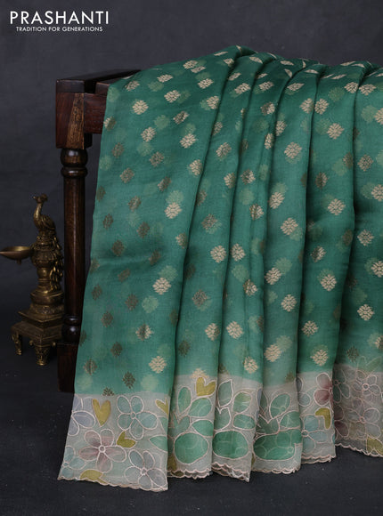 Green & Beige Pure Organza Silk - Embroidery