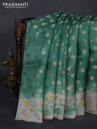 Green & Beige Pure Organza Silk - Embroidery