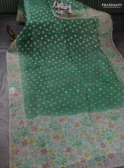 Green & Beige Pure Organza Silk - Embroidery