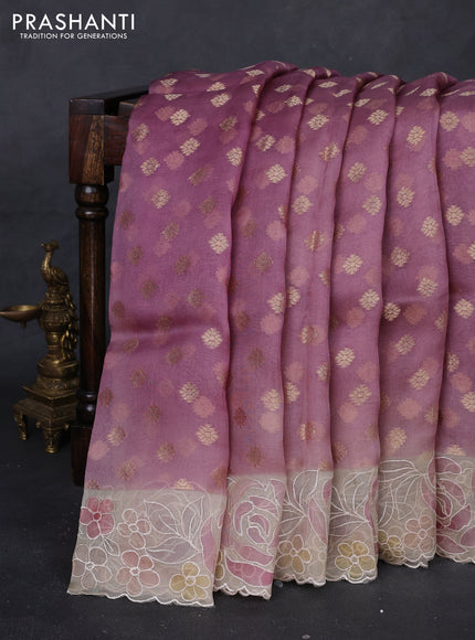 Mauve Pink & Beige Pure Organza Silk - Embroidery
