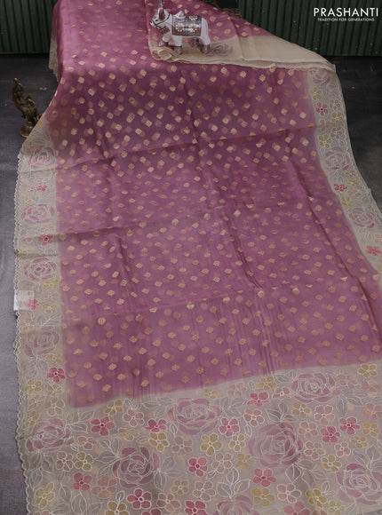 Mauve Pink & Beige Pure Organza Silk - Embroidery