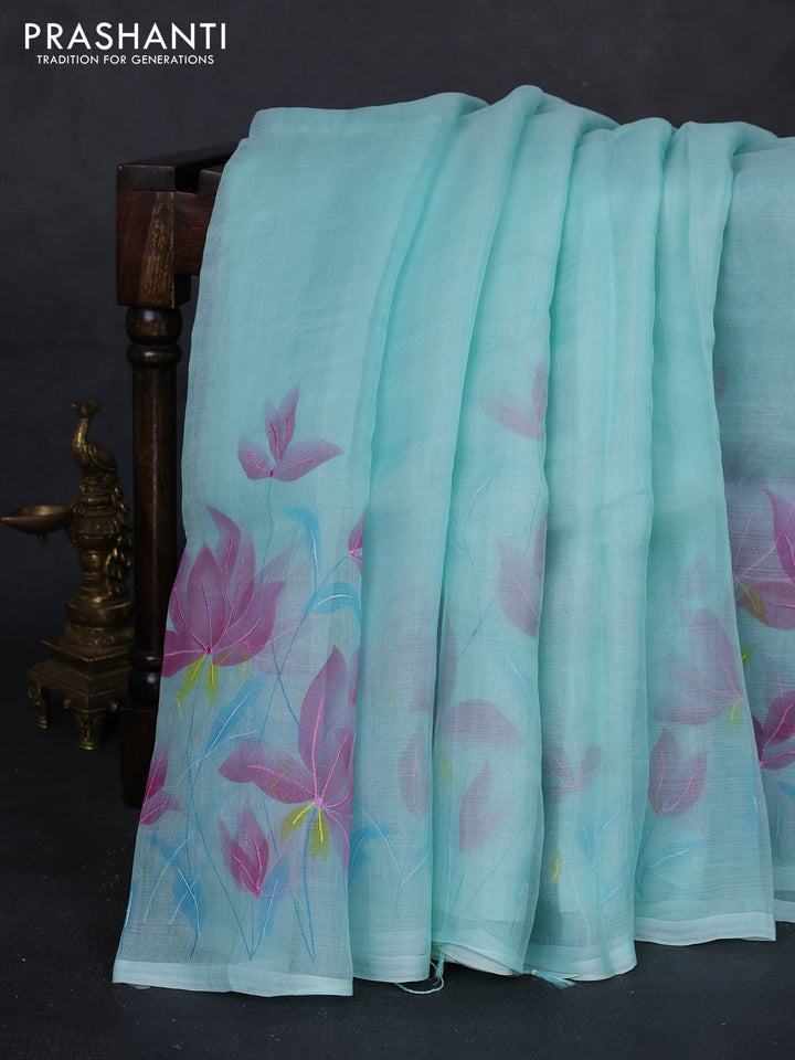 Teal Blue Pure Organza Silk - Embroidery