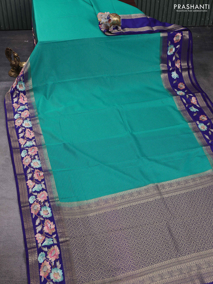 Teal Blue & Blue Semi Mysore Silk - Embroidery