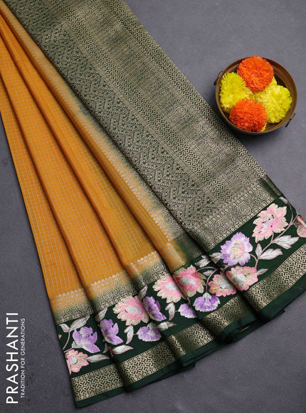 Mustard Yellow & Bottle Green Semi Mysore Silk - Embroidery