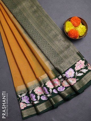 Mustard Yellow & Bottle Green Semi Mysore Silk - Embroidery