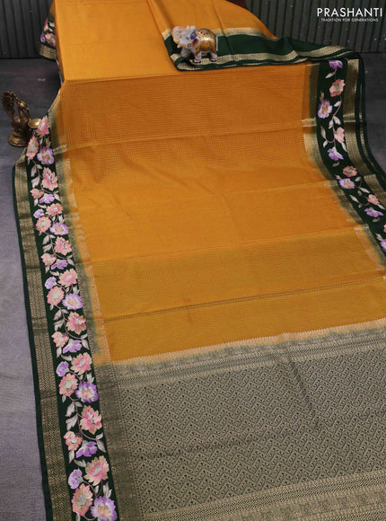 Mustard Yellow & Bottle Green Semi Mysore Silk - Embroidery