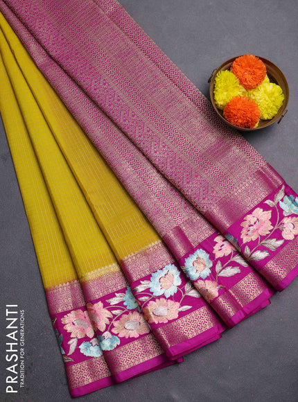 Yellow & Magenta Pink Semi Mysore Silk - Embroidery