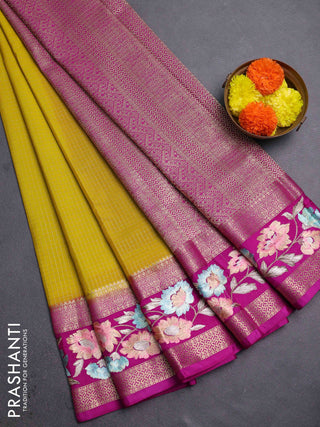 Yellow & Magenta Pink Semi Mysore Silk - Embroidery