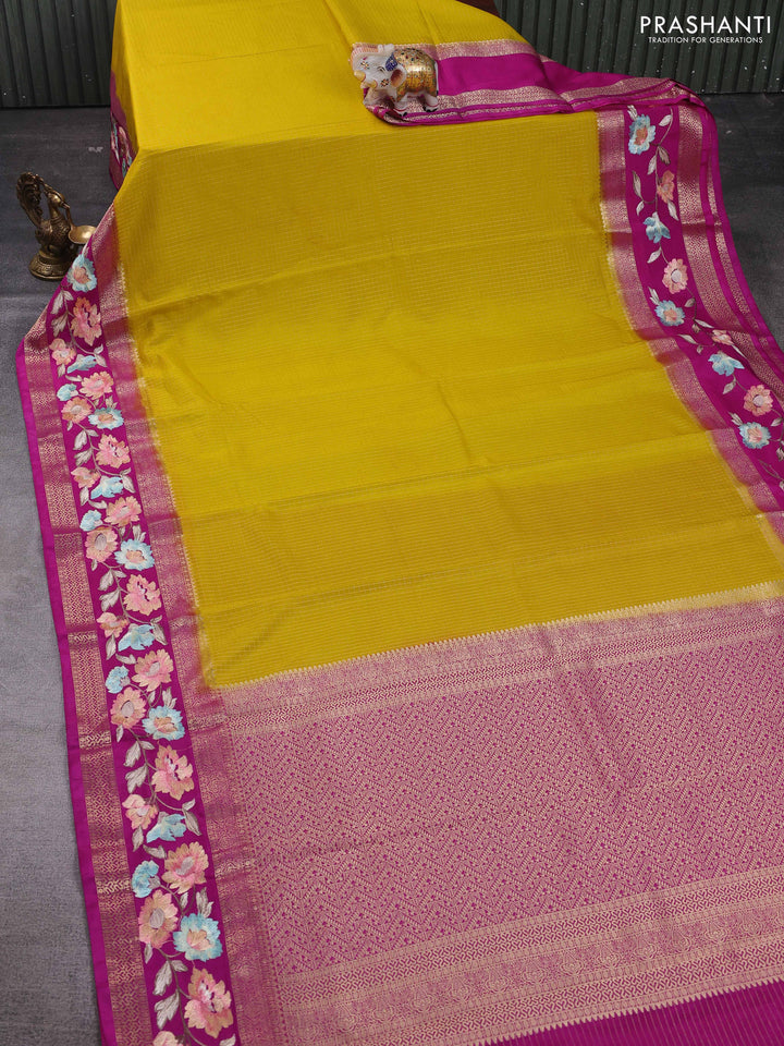Yellow & Magenta Pink Semi Mysore Silk - Embroidery