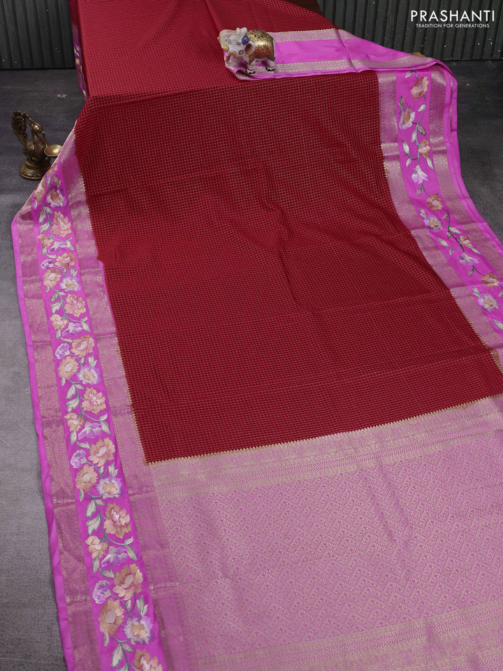 Red & Pink Semi Mysore Silk - Embroidery