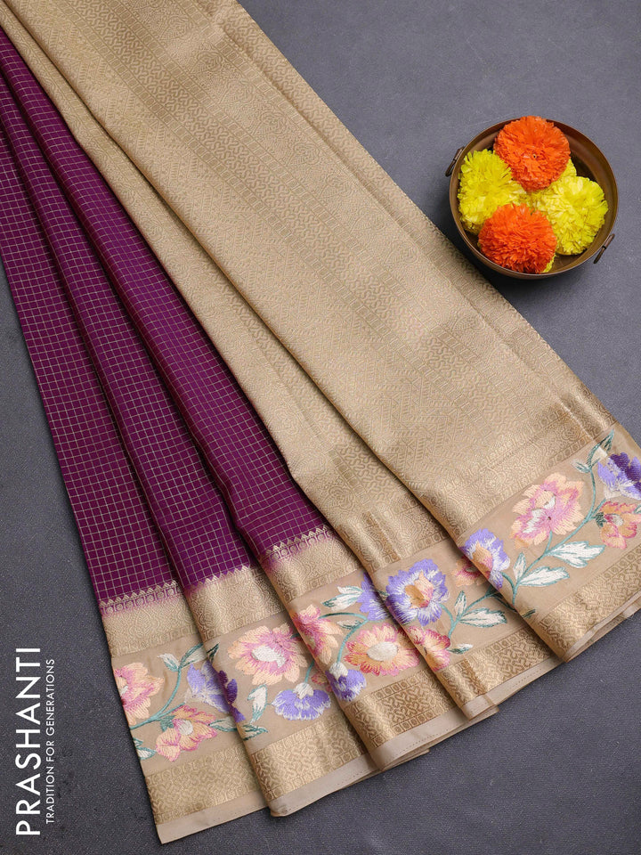 Wine  & Beige Semi Mysore Silk - Embroidery