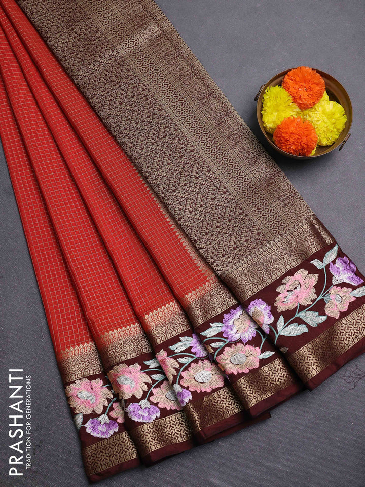 Rust & Coffee Brown Semi Mysore Silk - Embroidery