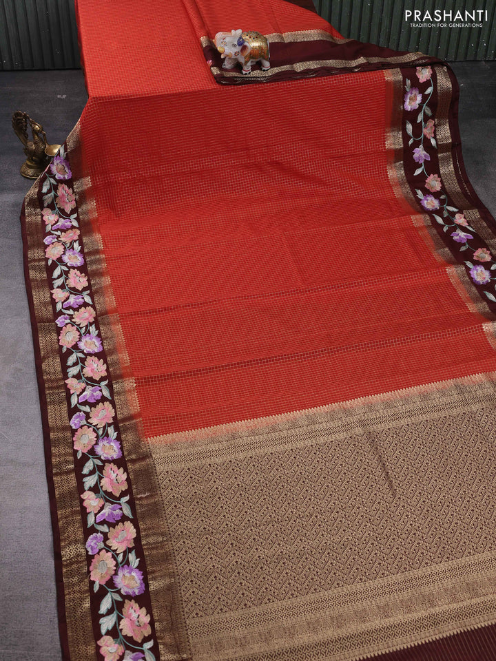 Rust & Coffee Brown Semi Mysore Silk - Embroidery