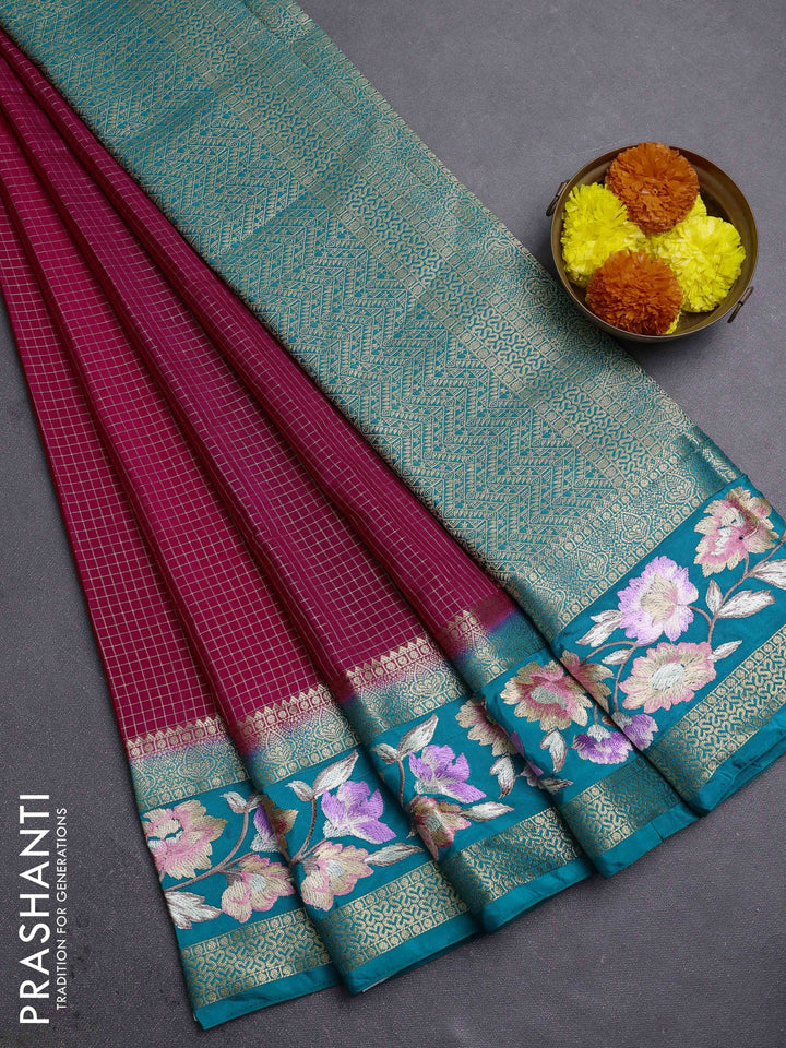 Pink & Teal Green Semi Mysore Silk - Embroidery
