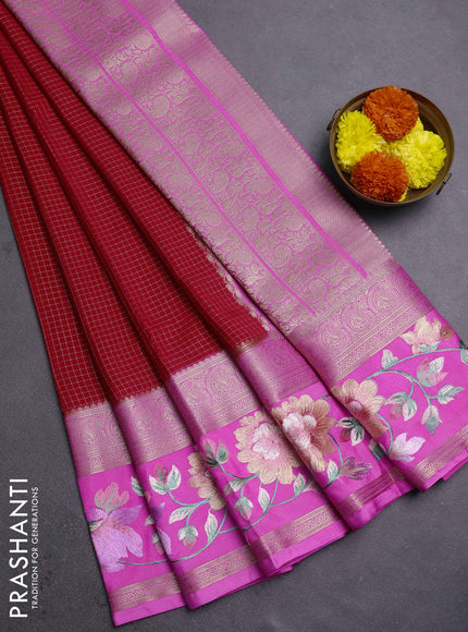 Red & Lotus Pink Semi Mysore Silk - Embroidery