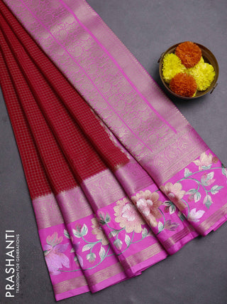 Red & Lotus Pink Semi Mysore Silk - Embroidery