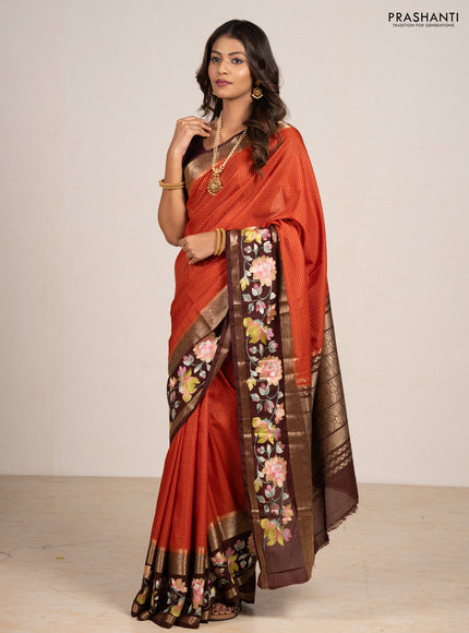 Rust & Coffee Brown Semi Mysore Silk - Embroidery