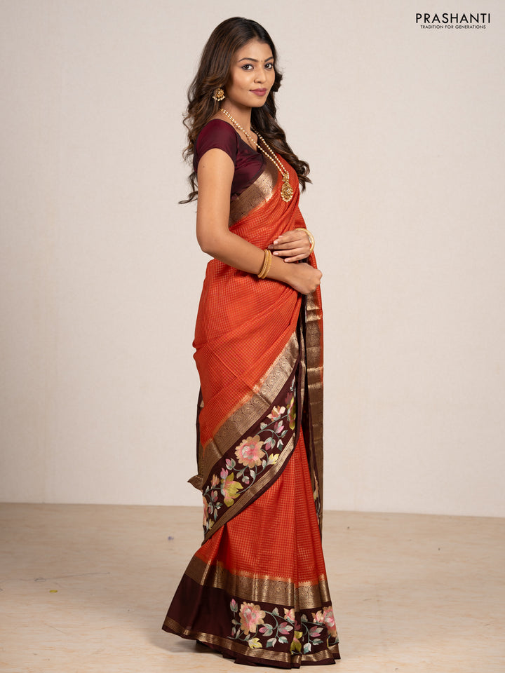Rust & Coffee Brown Semi Mysore Silk - Embroidery