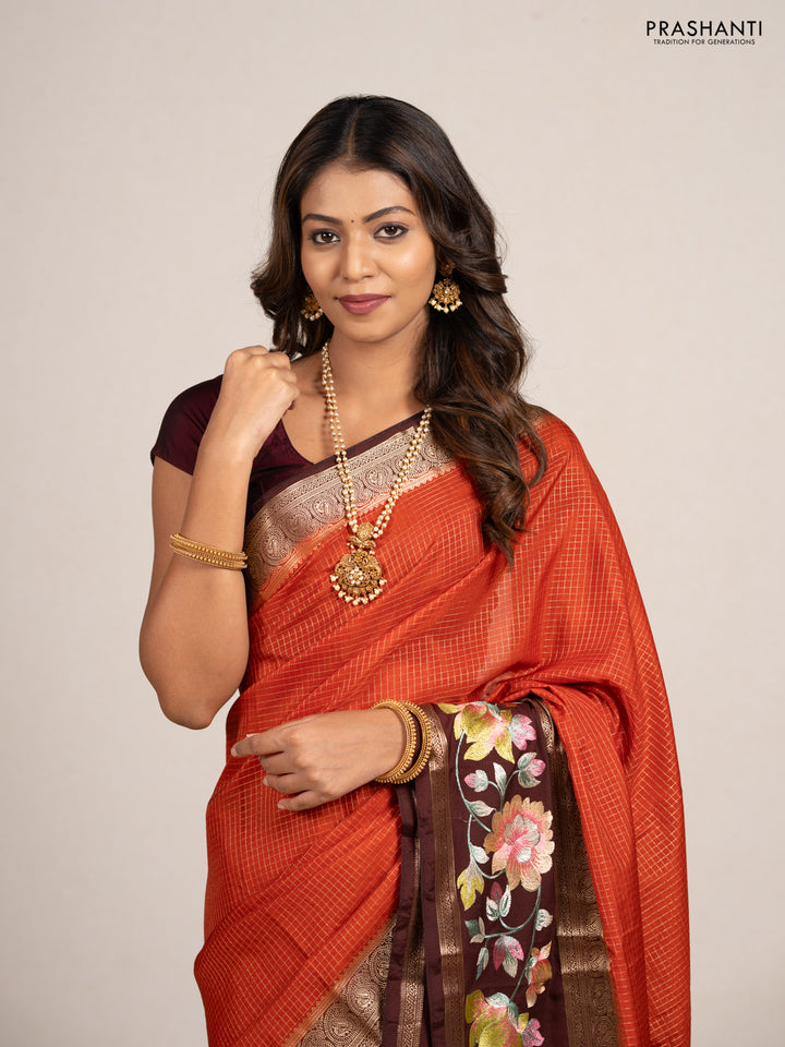 Rust & Coffee Brown Semi Mysore Silk - Embroidery