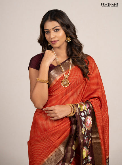 Rust & Coffee Brown Semi Mysore Silk - Embroidery