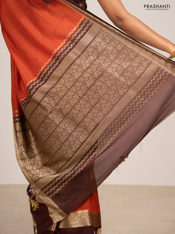 Rust & Coffee Brown Semi Mysore Silk - Embroidery
