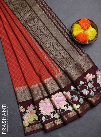 Rust & Coffee Brown Semi Mysore Silk - Embroidery
