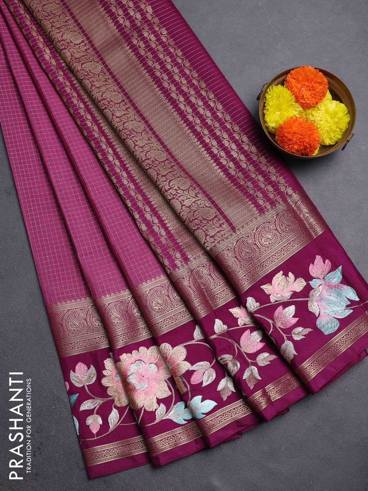 Mauve Pink & Wine Semi Mysore Silk - Embroidery