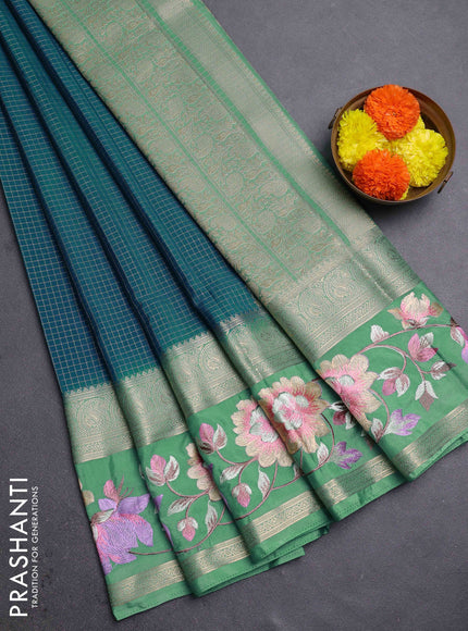 Peacock Green & Pastel Green Semi Mysore Silk - Embroidery