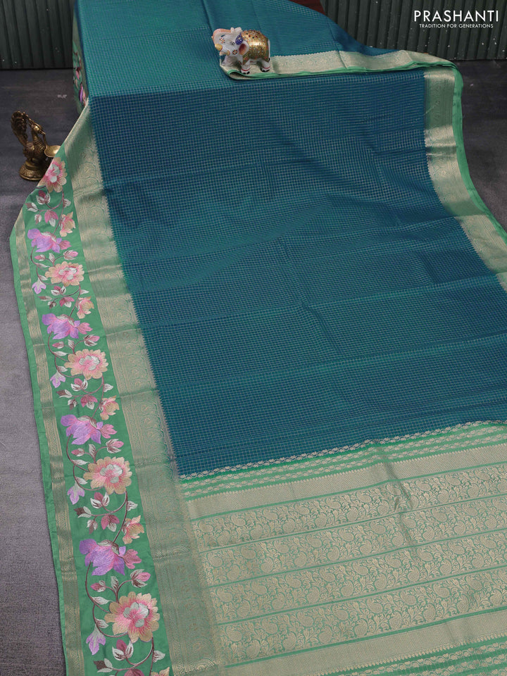 Peacock Green & Pastel Green Semi Mysore Silk - Embroidery