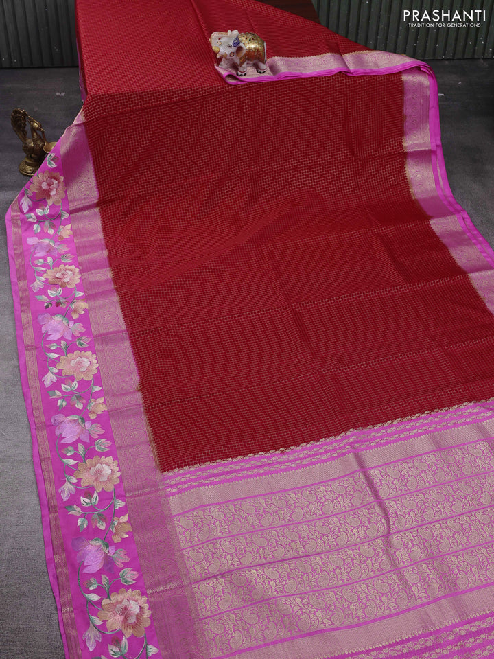 Red & Lotus Pink Semi Mysore Silk - Embroidery