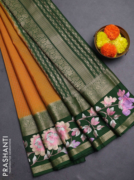 Mustard Yellow & Green Semi Mysore Silk - Embroidery