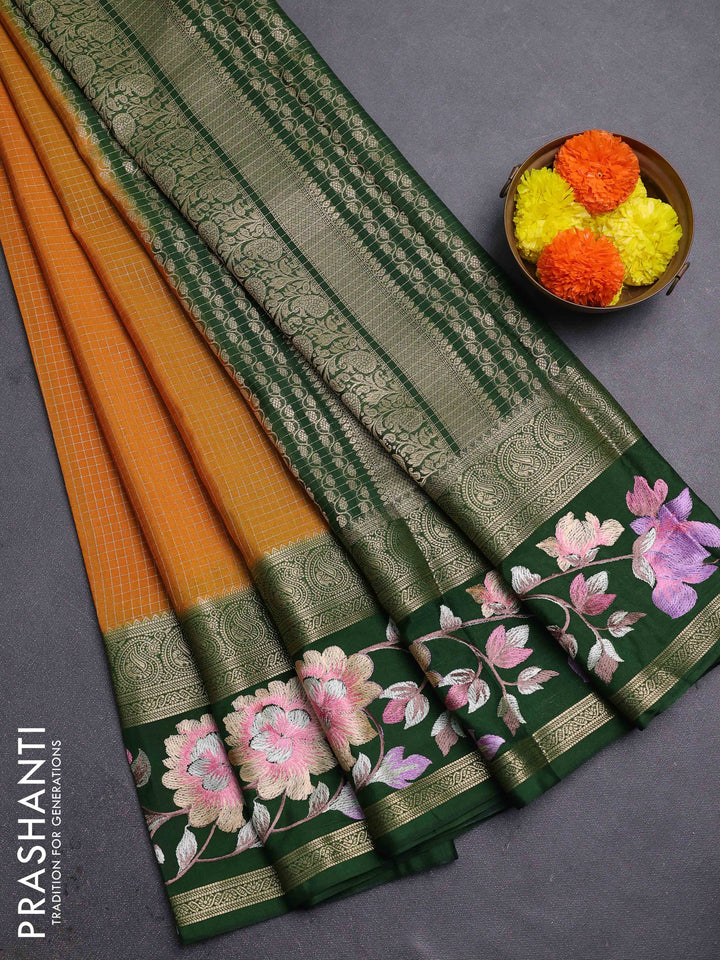 Mustard Yellow & Green Semi Mysore Silk - Embroidery