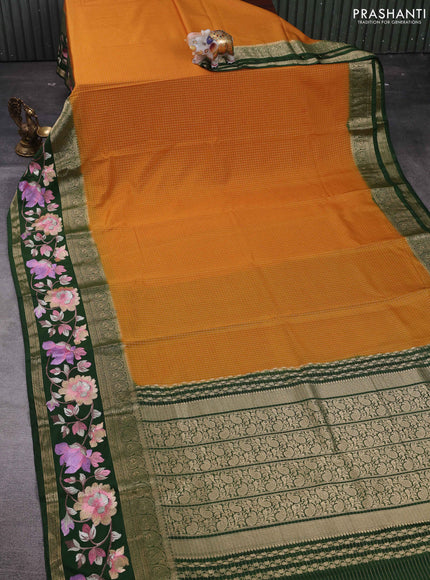 Mustard Yellow & Green Semi Mysore Silk - Embroidery