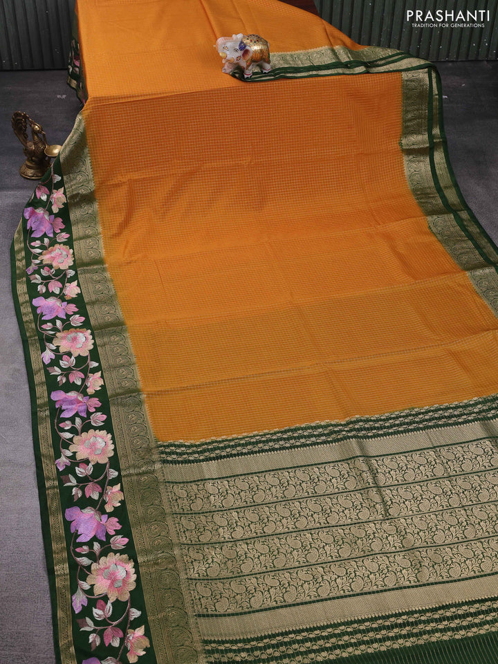 Mustard Yellow & Green Semi Mysore Silk - Embroidery
