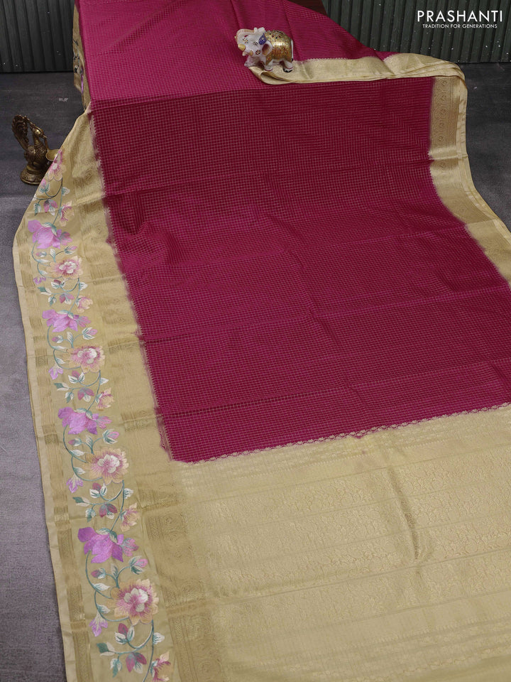 Peach Pink & Beige Semi Mysore Silk - Embroidery