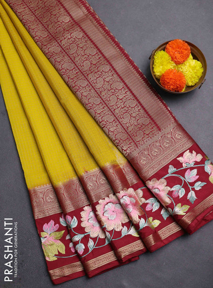 Yellow & Maroon Semi Mysore Silk - Embroidery