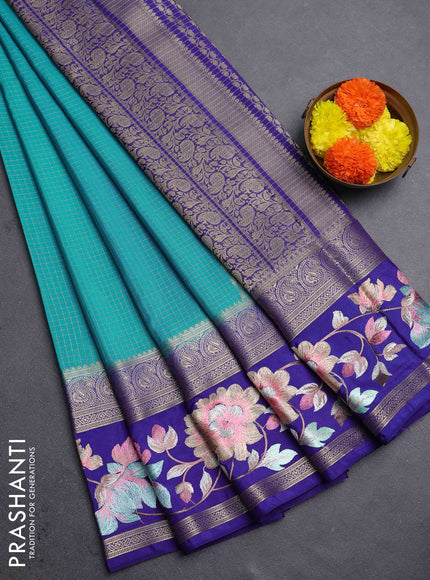 Teal Blue & Blue Semi Mysore Silk - Embroidery