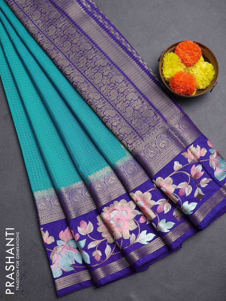 Teal Blue & Blue Semi Mysore Silk - Embroidery