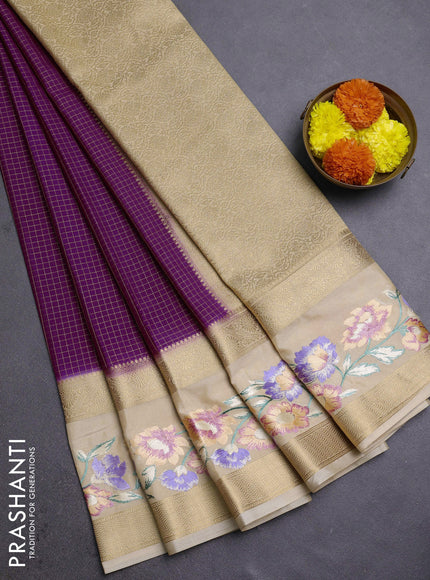 Purple & Beige Semi Mysore Silk - Embroidery