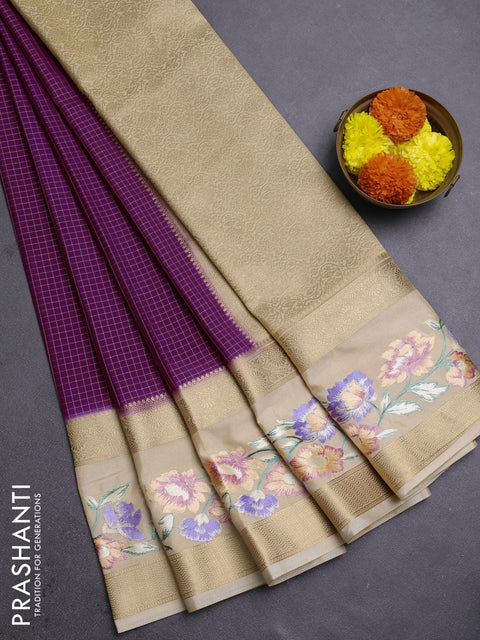 Purple & Beige Semi Mysore Silk - Embroidery
