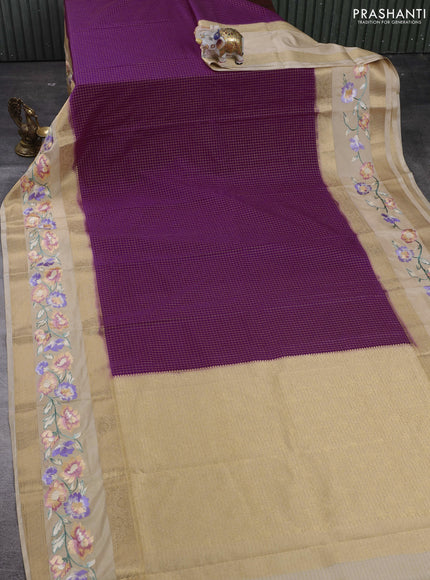 Purple & Beige Semi Mysore Silk - Embroidery