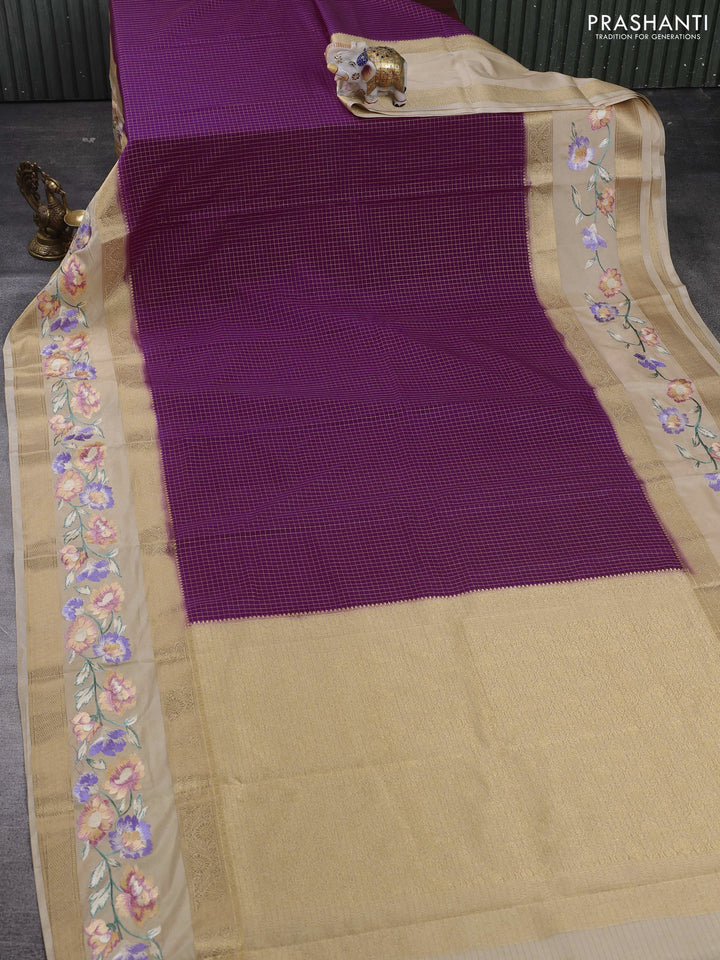 Purple & Beige Semi Mysore Silk - Embroidery