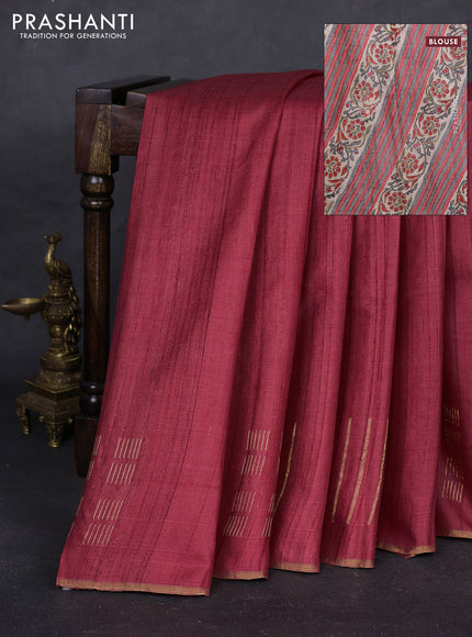 Maroon & Grey  Pure Tussar Silk - Printed Embroidery Blouse