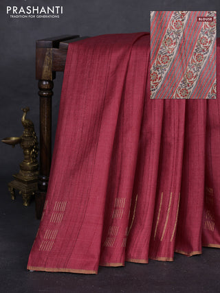 Maroon & Grey  Pure Tussar Silk - Printed Embroidery Blouse